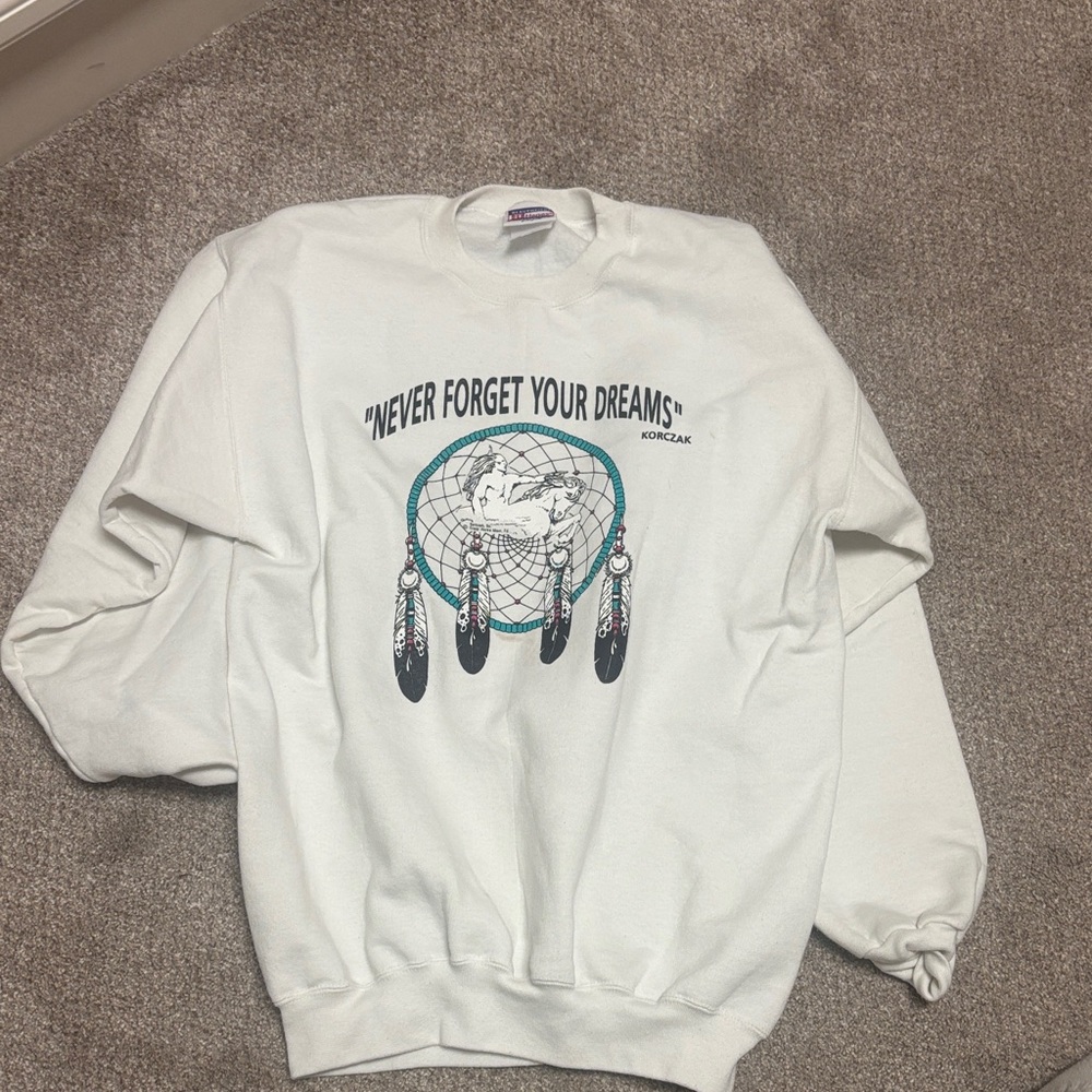 Hanes White Sweatshirt with Teal and Black Dreamcatcher Graphic